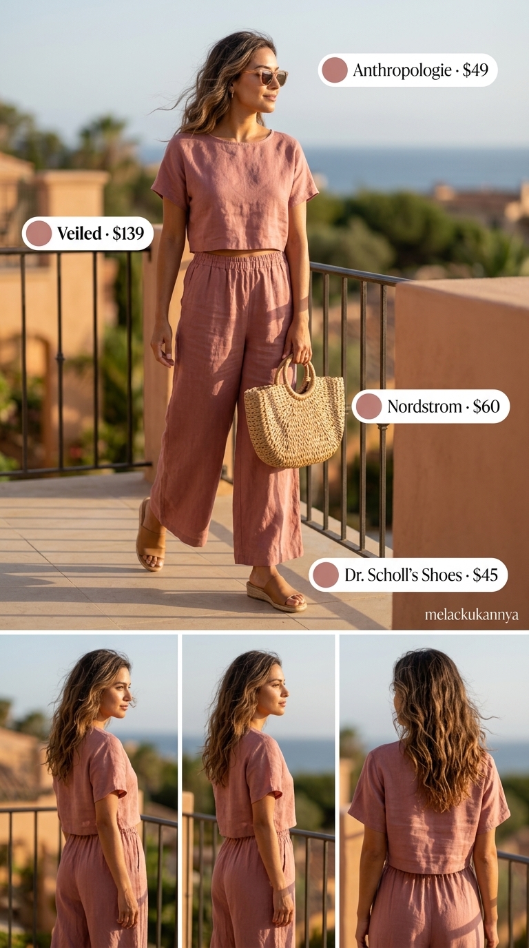 Dusty rose linen matching set for summer vacation outfits for women 2026, ideal for relaxed resort mornings with metallic sandals.
