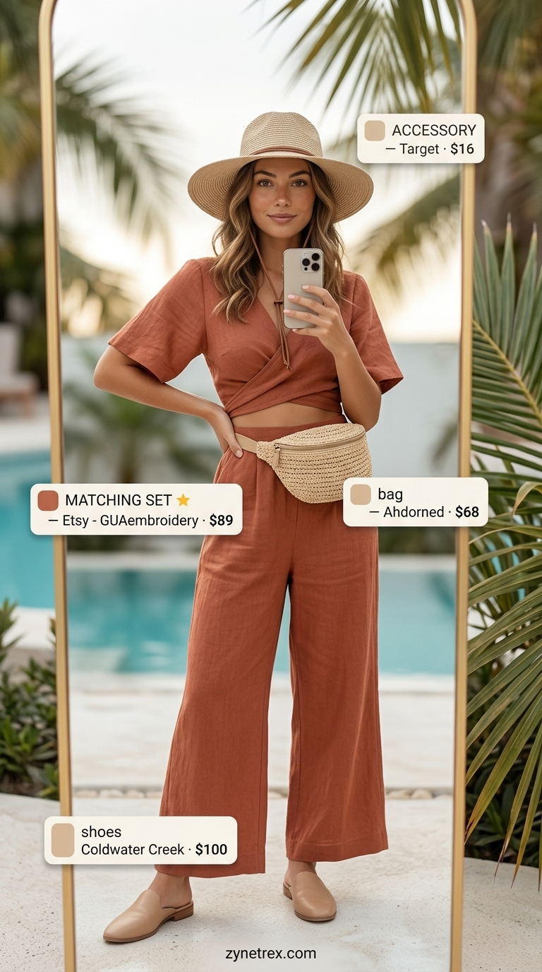 Chic matching set for summer vacation outfits for women 2026. Terracotta linen crop top & pants, straw hat, gold necklace, leather mules.