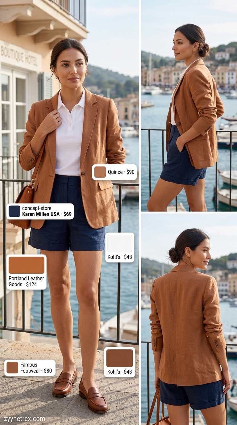 Navy linen shorts outfit for summer vacation outfits for women 2026, styled with a white knit polo and blazer for sophisticated sightseeing.