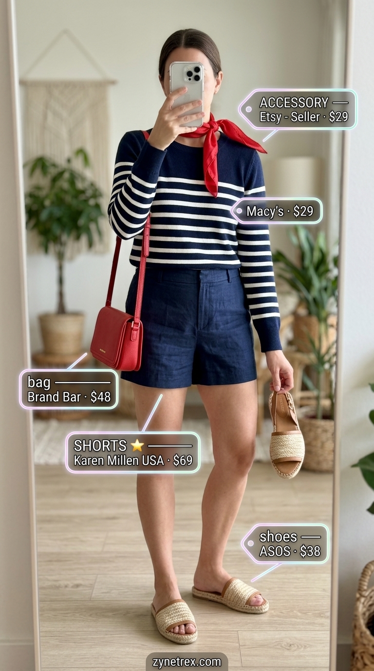 Polished shorts outfit for summer vacation outfits for women 2026. Navy shorts, striped knit top, red crossbody bag, silk scarf, espadrilles.