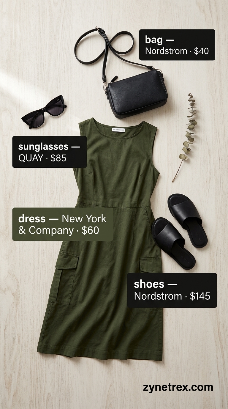 Olive green utility midi dress for summer vacation outfits for women 2026, styled with white sneakers and black accessories.