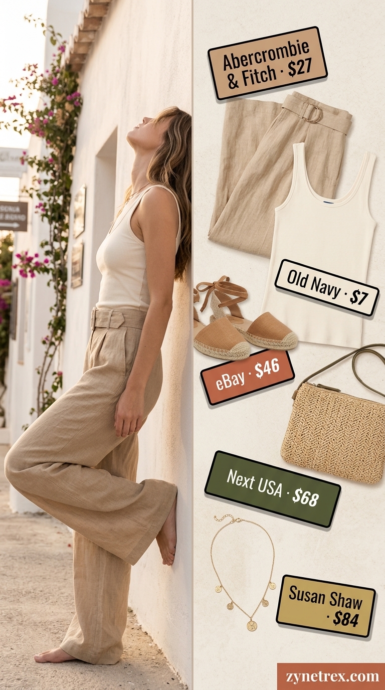 Cream linen pants, olive green tank top, and espadrille sandals for summer vacation outfits for women 2026.