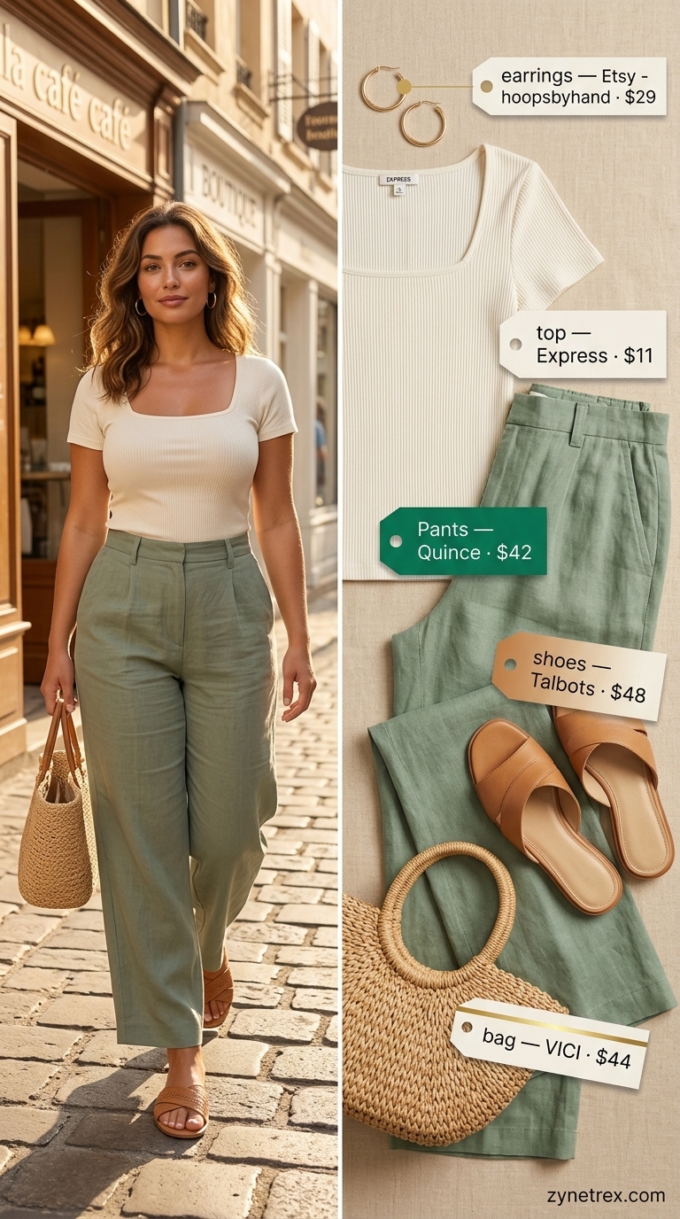Sage green linen pants outfit for summer vacation outfits for women 2026, styled with a cream crop top and straw bag for beach lounging.