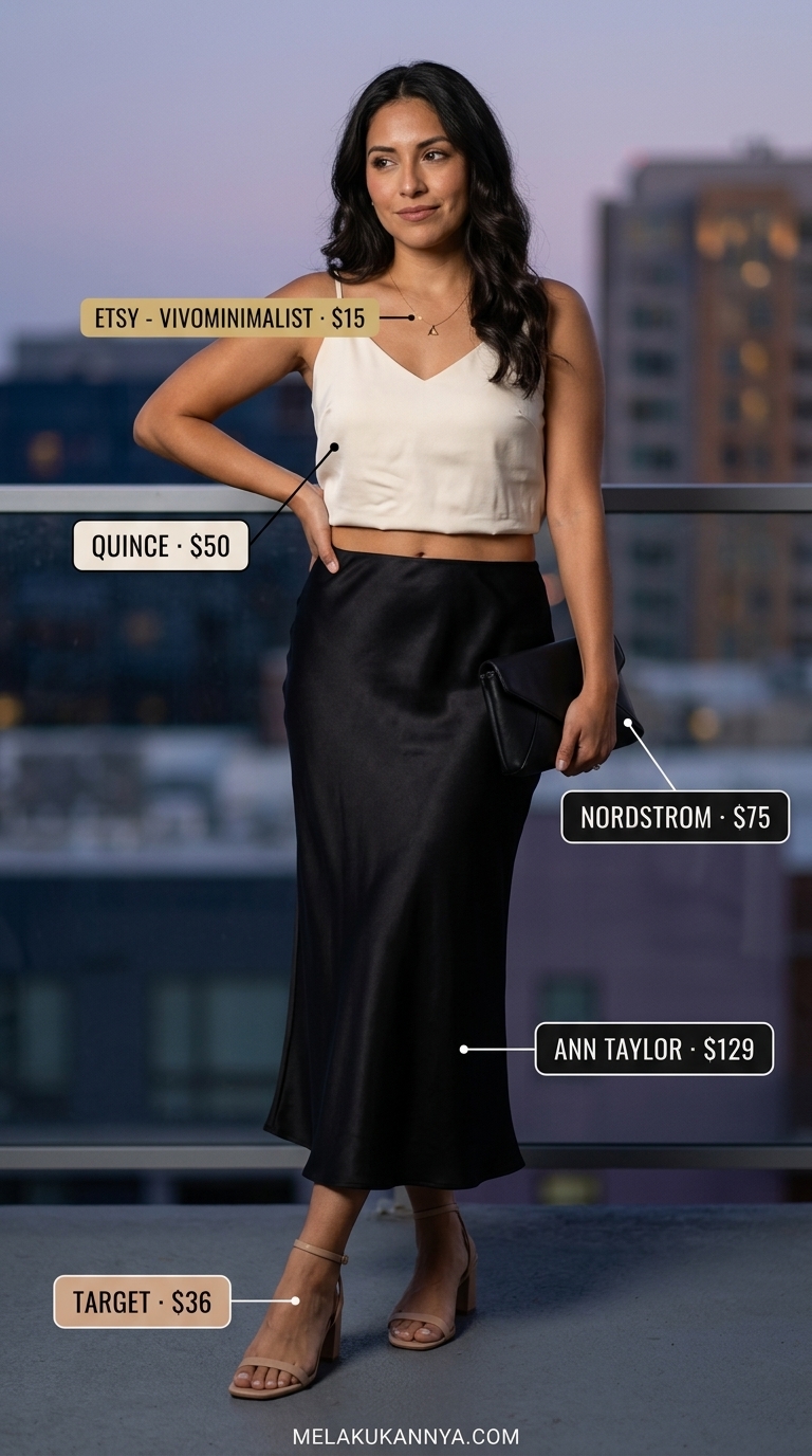Black satin slip skirt outfit for summer vacation outfits for women 2026, ideal for date night with a cream camisole and gold jewelry.