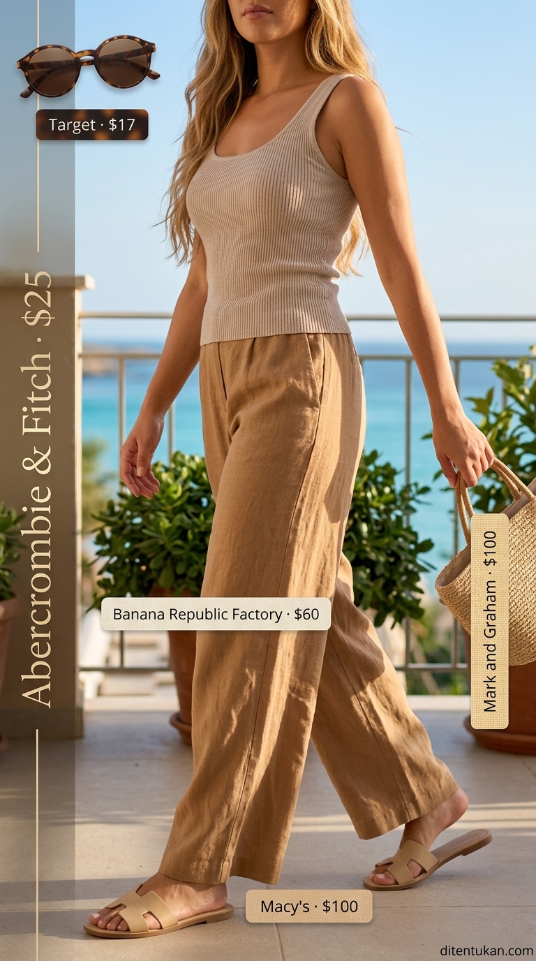 Beige linen pants, white tank top, and tan slides for summer vacation outfits for women 2026.