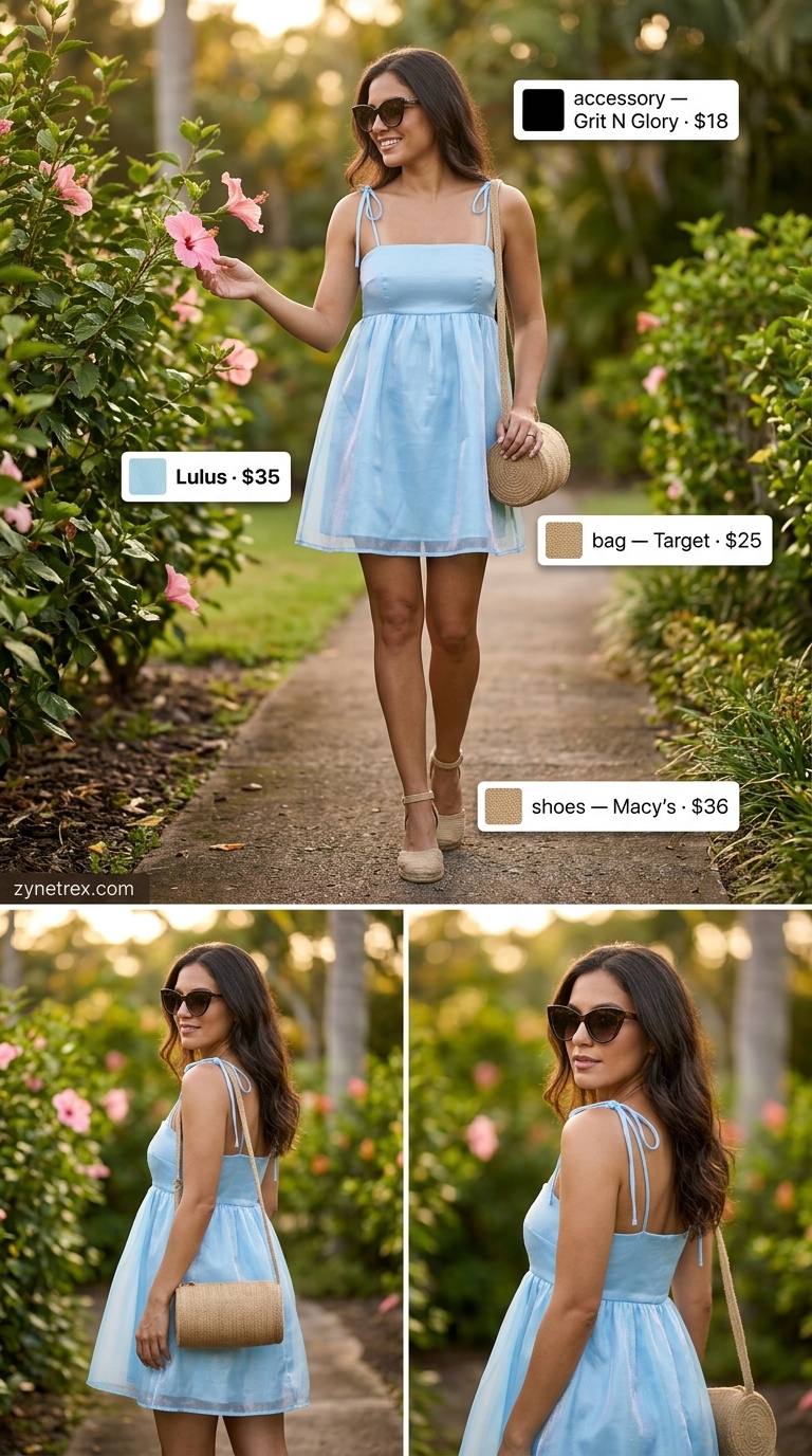Sky blue sundress for summer vacation outfits for women 2026, perfect for beach clubs with espadrille wedges and straw bag.