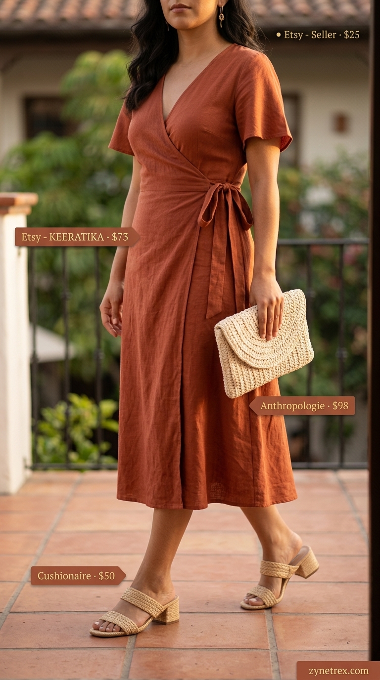 Terracotta crinkle rayon wrap dress, raffia clutch, and gold drop earrings for summer vacation outfits for women 2026.