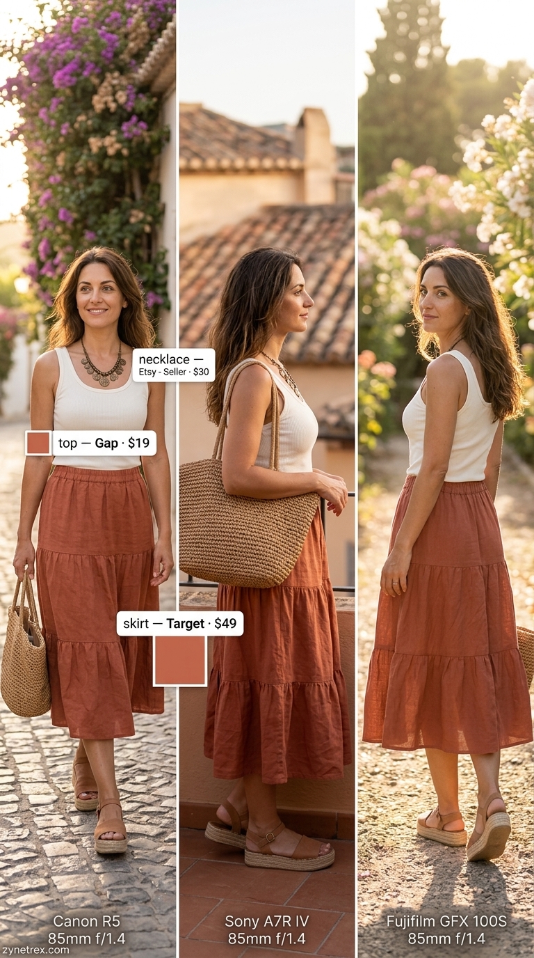 Bohemian skirt outfit for summer vacation outfits for women 2026. Terracotta tiered skirt, ivory tank, bronze necklaces, straw tote.