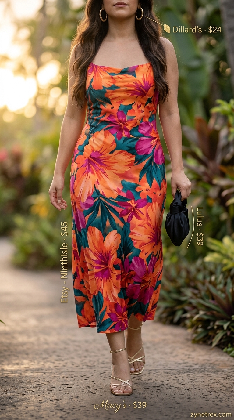 Elegant maxi dress for summer vacation outfits for women 2026. Tropical print, gold hoops, black heeled sandals, envelope clutch.