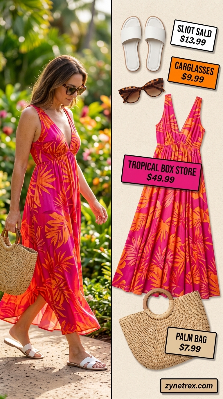 Fuchsia and orange tropical maxi dress, white slides, and round straw bag for summer vacation outfits for women 2026.