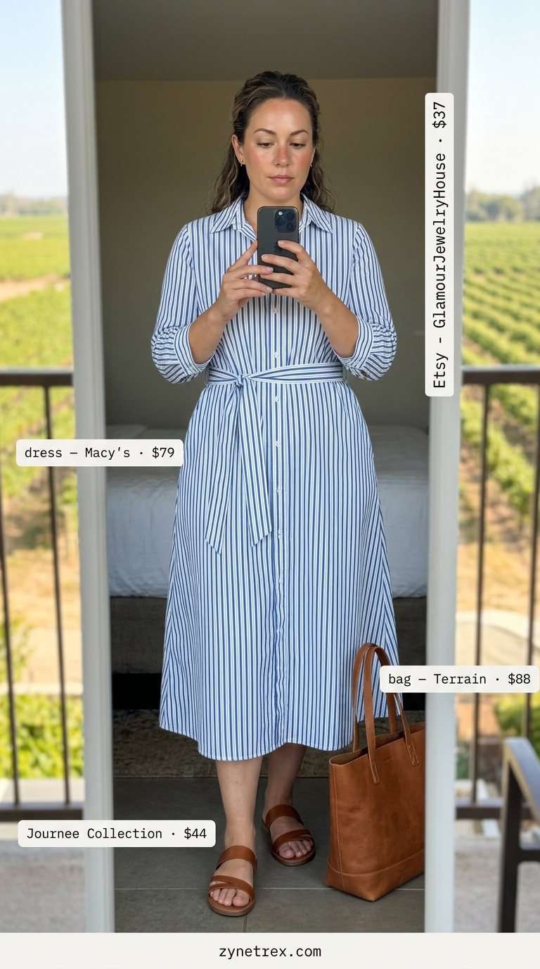 Blue stripe midi shirt dress, brown sandals, and gold earrings for summer vacation outfits for women 2026.