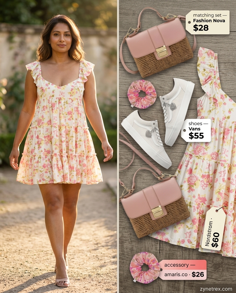 Blush pink floral sundress outfit for women, perfect for picnics or casual dates. Features canvas sneakers and straw crossbody bag.
