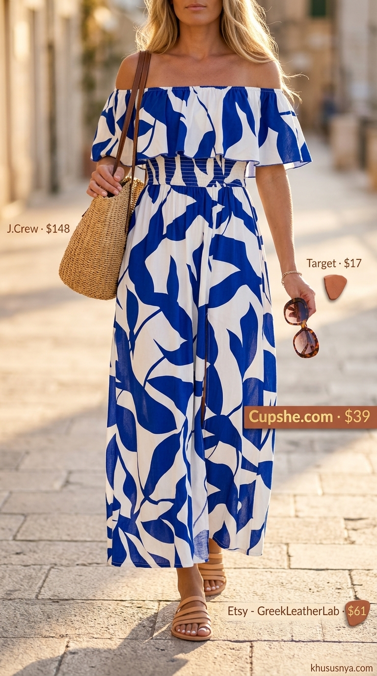 Tall women summer maxi outfits 2026: Cobalt blue abstract maxi dress, straw tote, leather slides for resort wear.