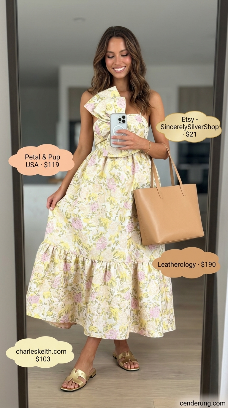 Tall women summer maxi outfits 2026: Beige maxi dress, metallic slides, structured tote for smart casual.