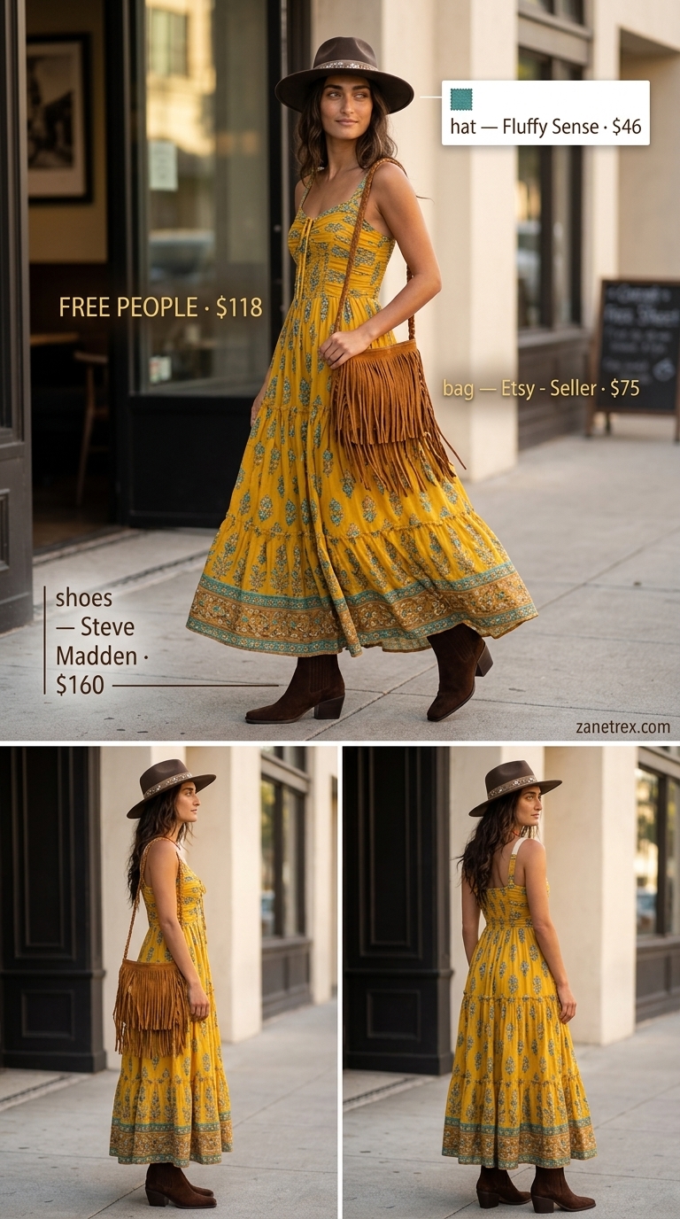 Tall women summer maxi outfits 2026: Mustard yellow maxi dress with suede boots and felt hat for festival.