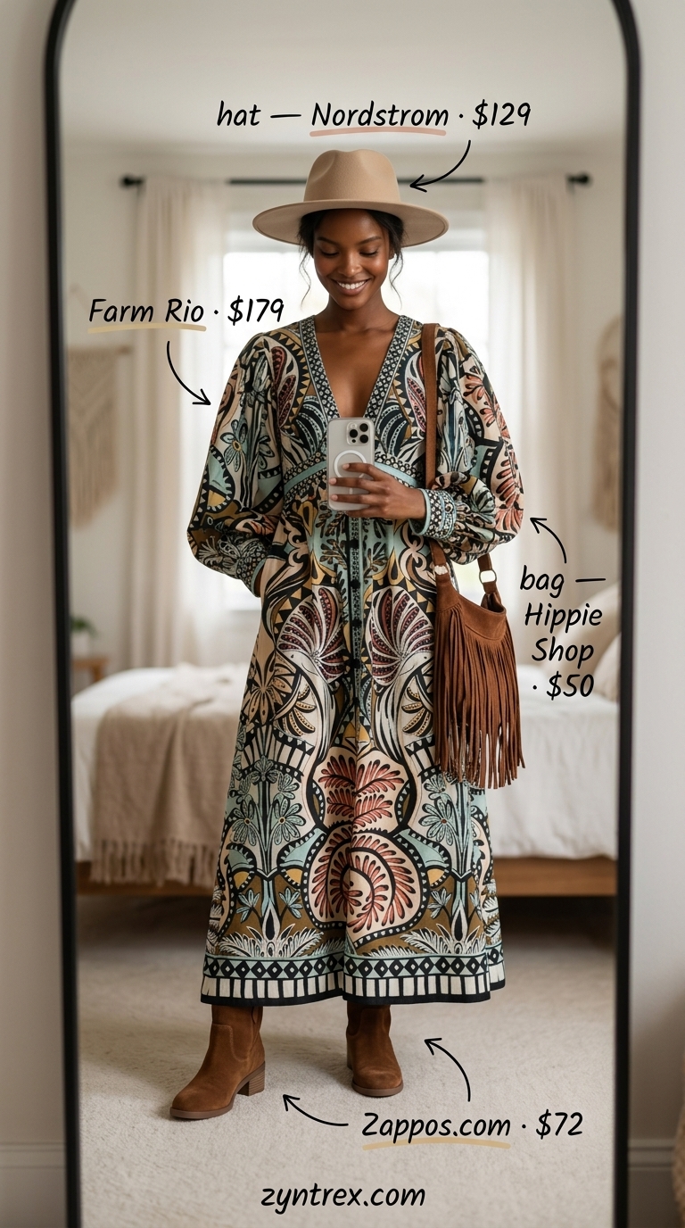 Tall women summer maxi outfits 2026: Multicolor floral maxi dress with suede boots and felt hat for beach.