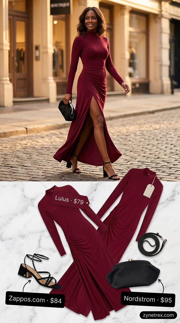 Tall women summer maxi outfits 2026: Burgundy maxi dress, silver earrings, black clutch, and heels for an elegant evening.