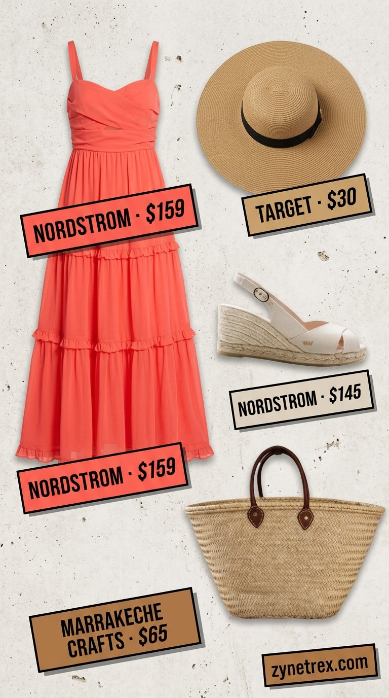 Tall women summer maxi outfits 2026: Coral flowy maxi dress, straw hat, espadrilles for beach vacation.
