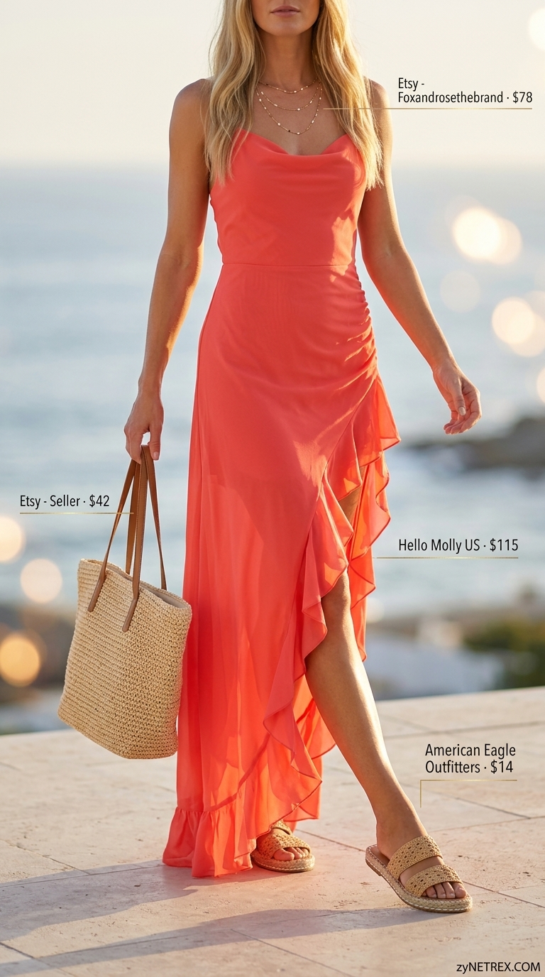 Tall women summer maxi outfits 2026: Coral maxi dress, straw tote, espadrille slides for a chic beach vacation look.