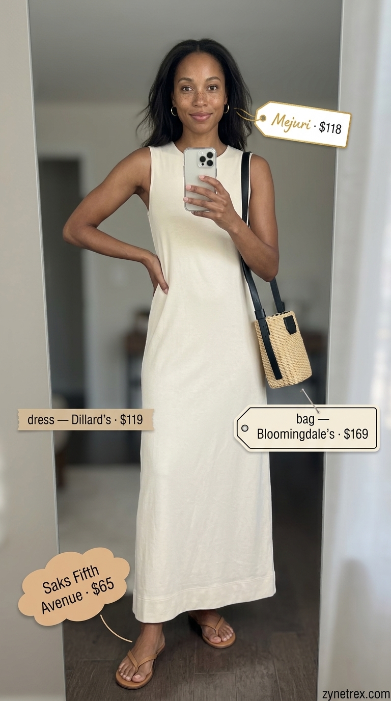 Tall women summer maxi outfits 2026: Cream jersey maxi dress, leather sandals, straw crossbody for casual days.
