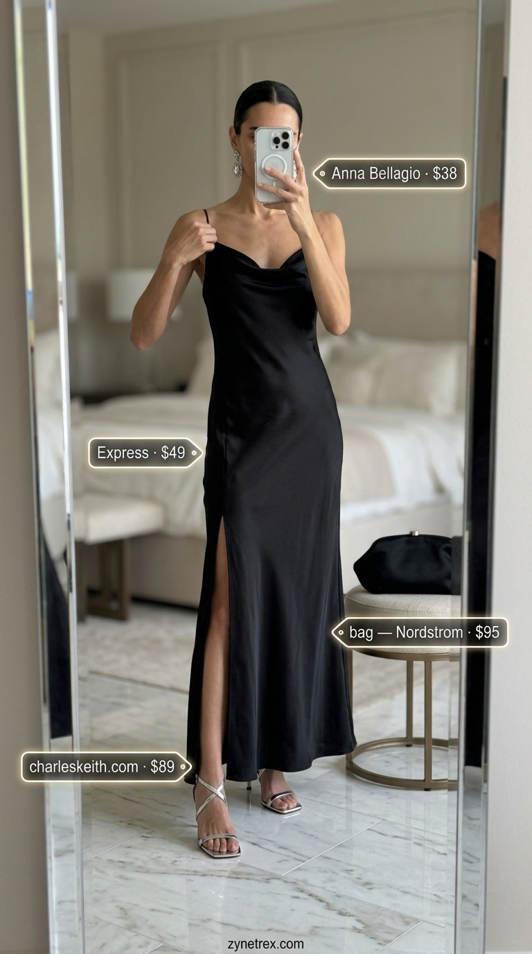 Tall women summer maxi outfits 2026: Black silk maxi dress with silver sandals for formal events.