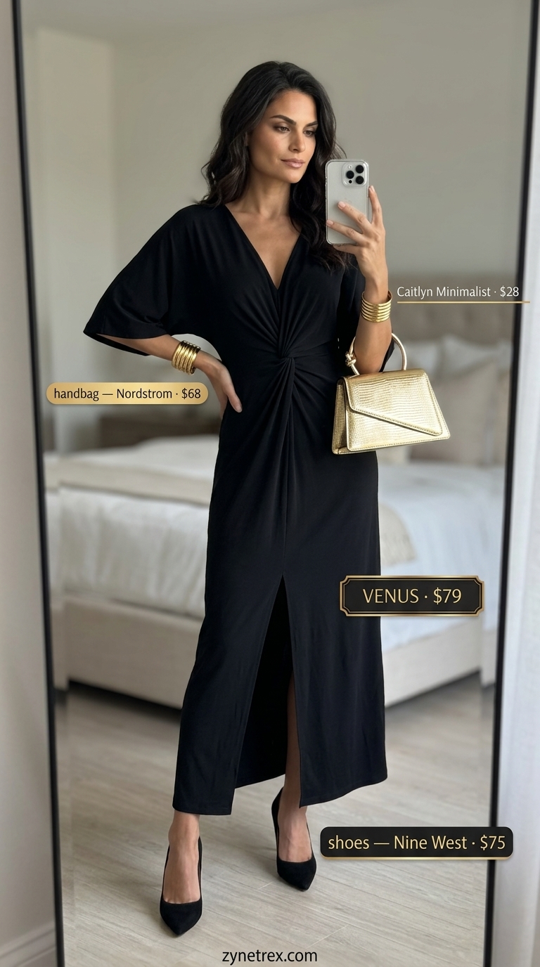 Tall women summer maxi outfits 2026: Emerald green maxi dress, black heels, gold bag for evening out.
