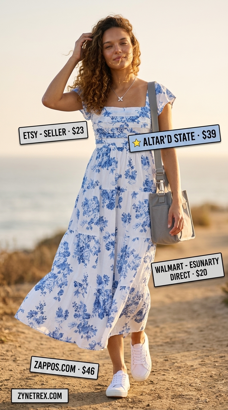 Tall women summer maxi outfits 2026: Sky blue floral maxi dress, white sneakers, and grey tote for a casual day out.