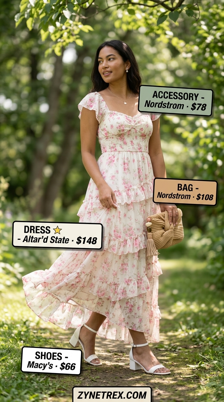Tall women summer maxi outfits 2026: Pastel floral maxi dress, block heels, pearl earrings for garden party.