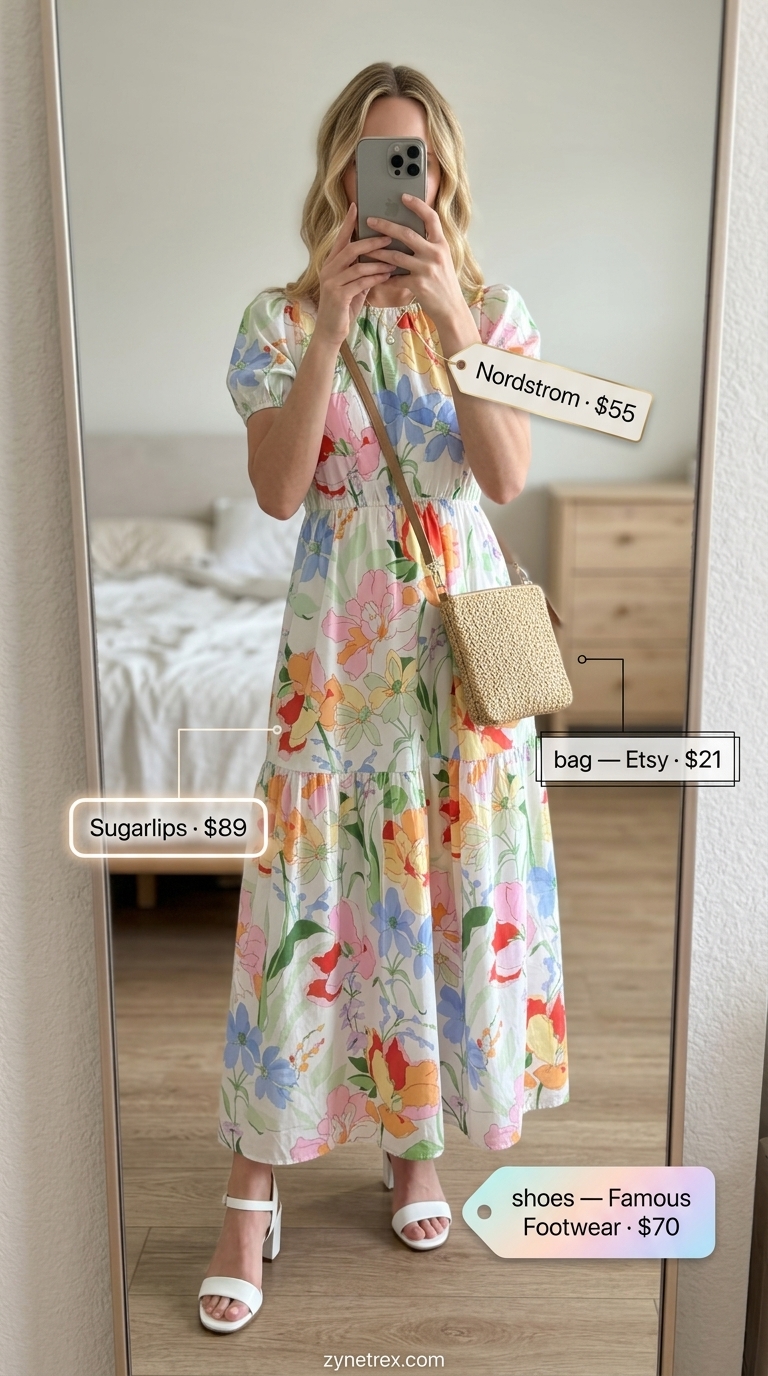 Tall women summer maxi outfits 2026: Pastel floral maxi dress with white sandals for garden party.
