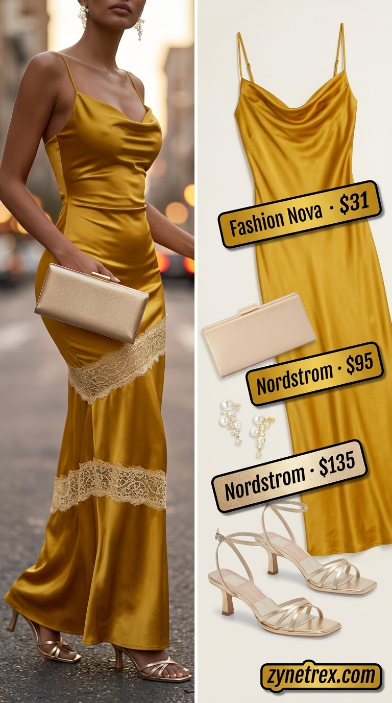 Tall women summer maxi outfits 2026: Golden yellow slip dress, metallic heels, statement earrings for events.