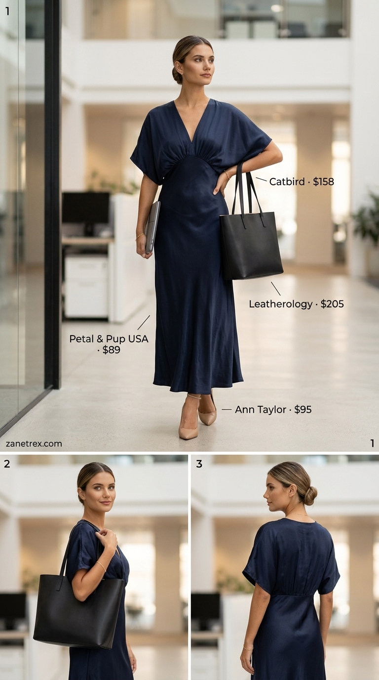 Tall women summer maxi outfits 2026: Navy maxi dress, pointed pumps, leather tote for professional events.