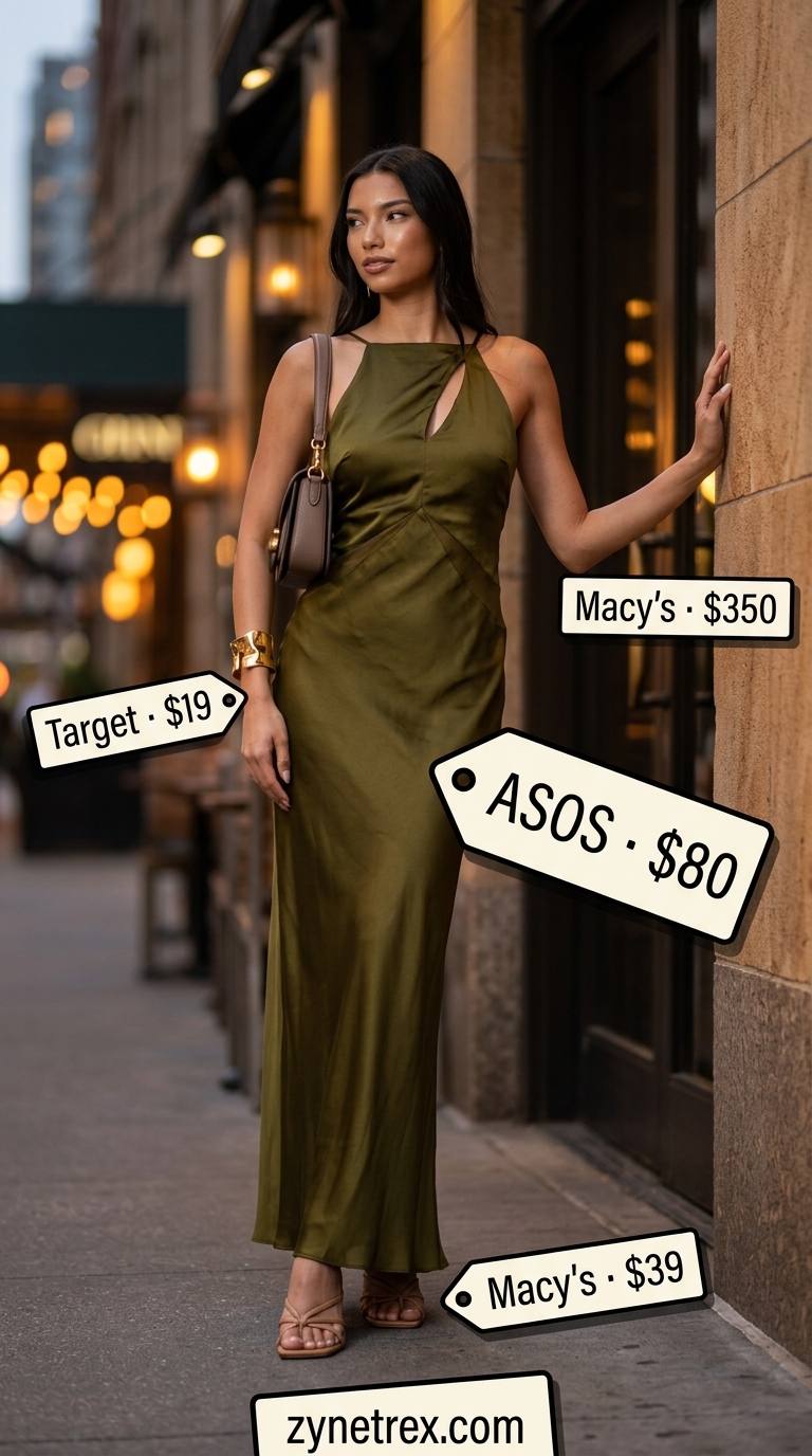 Tall women summer maxi outfits 2026: Olive green maxi dress, taupe bag, gold cuff, and heeled sandals for a chic evening.