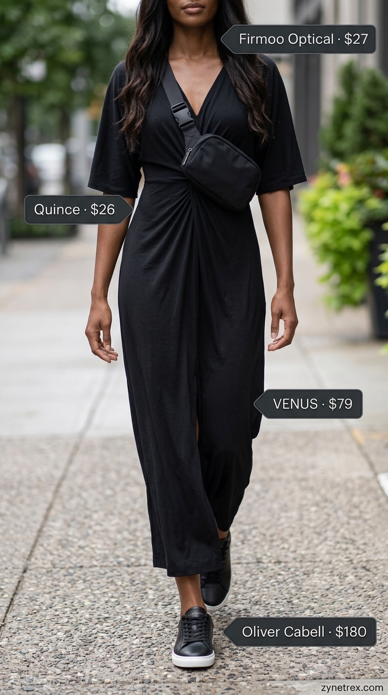 Tall women summer maxi outfits 2026: Olive green jumpsuit, sneakers, belt bag for casual day out.