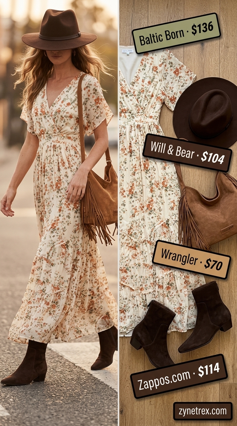 Tall women summer maxi outfits 2026: Rust orange paisley maxi dress, felt hat, suede boots for a bohemian festival look.
