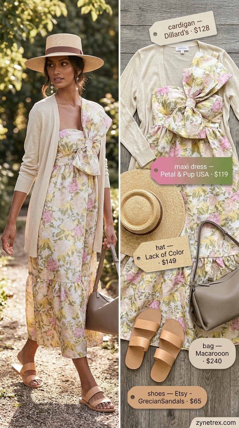 Tall women summer maxi outfits 2026: Sage green maxi dress, straw hat, knit cardigan for relaxed evenings.