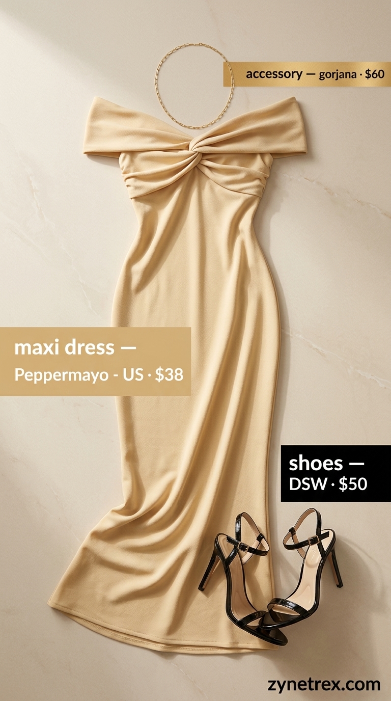 Tall women summer maxi outfits 2026: Champagne maxi dress with gold jewelry and black sandals for date night.