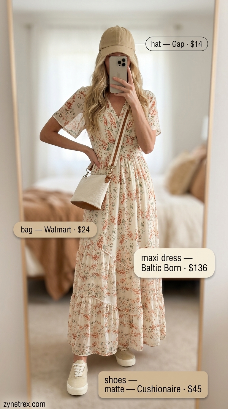 Tall women summer maxi outfits 2026: Tan baseball cap, beige sneakers, and versatile tan maxi dress for weekend errands.