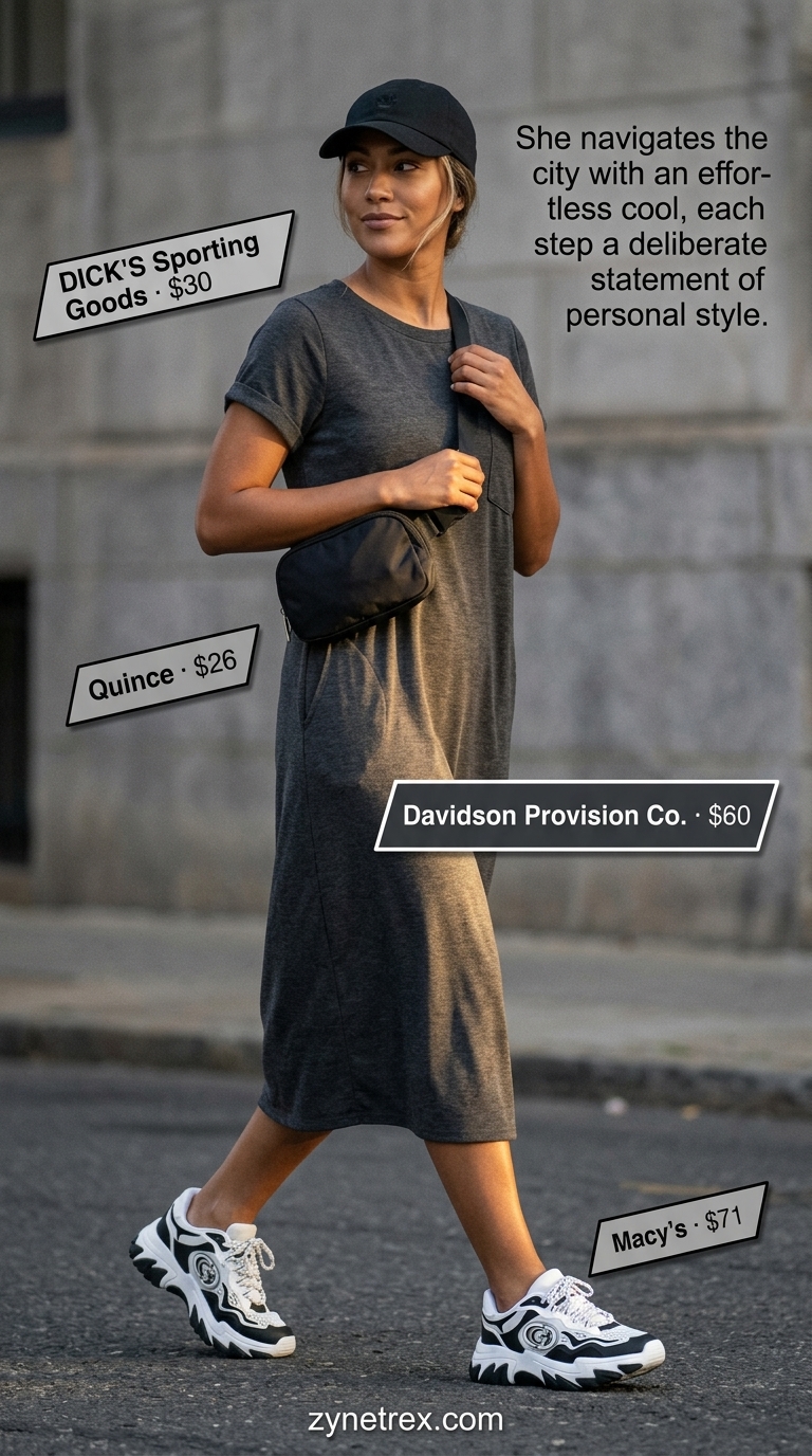 Tall women summer maxi outfits 2026: Charcoal grey maxi t-shirt dress, black cap, chunky sneakers for urban exploration.