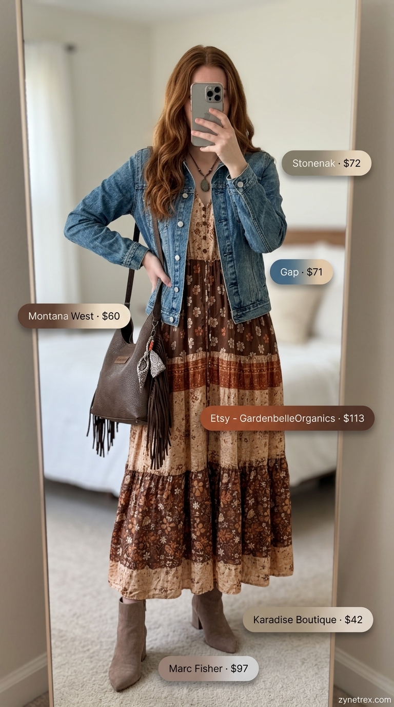 Boho chic earth-toned tiered maxi summer sundress 2026 with paisley print, paired with denim jacket and suede boots.