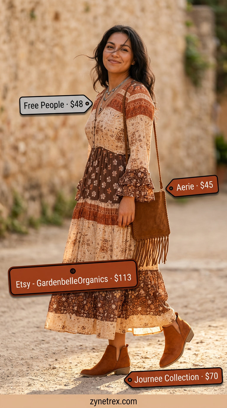 Boho chic tiered summer sundress 2026 in earth tones with fringe, paired with suede boots and layered necklaces.