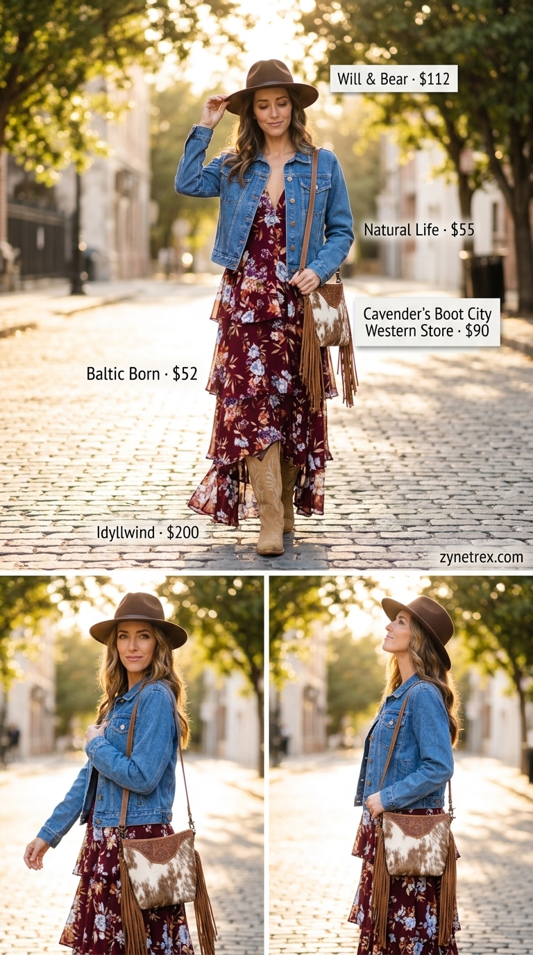 Bohemian burgundy floral tiered maxi summer sundress 2026, layered with denim jacket and cowboy boots for a festival.