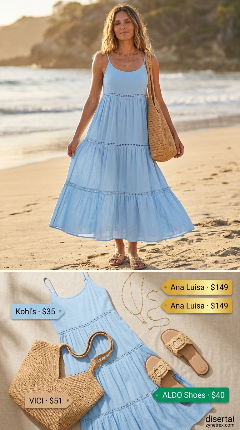 Coastal breeze outfit with a sky blue tiered summer sundress 2026, straw tote bag, and layered gold necklaces.