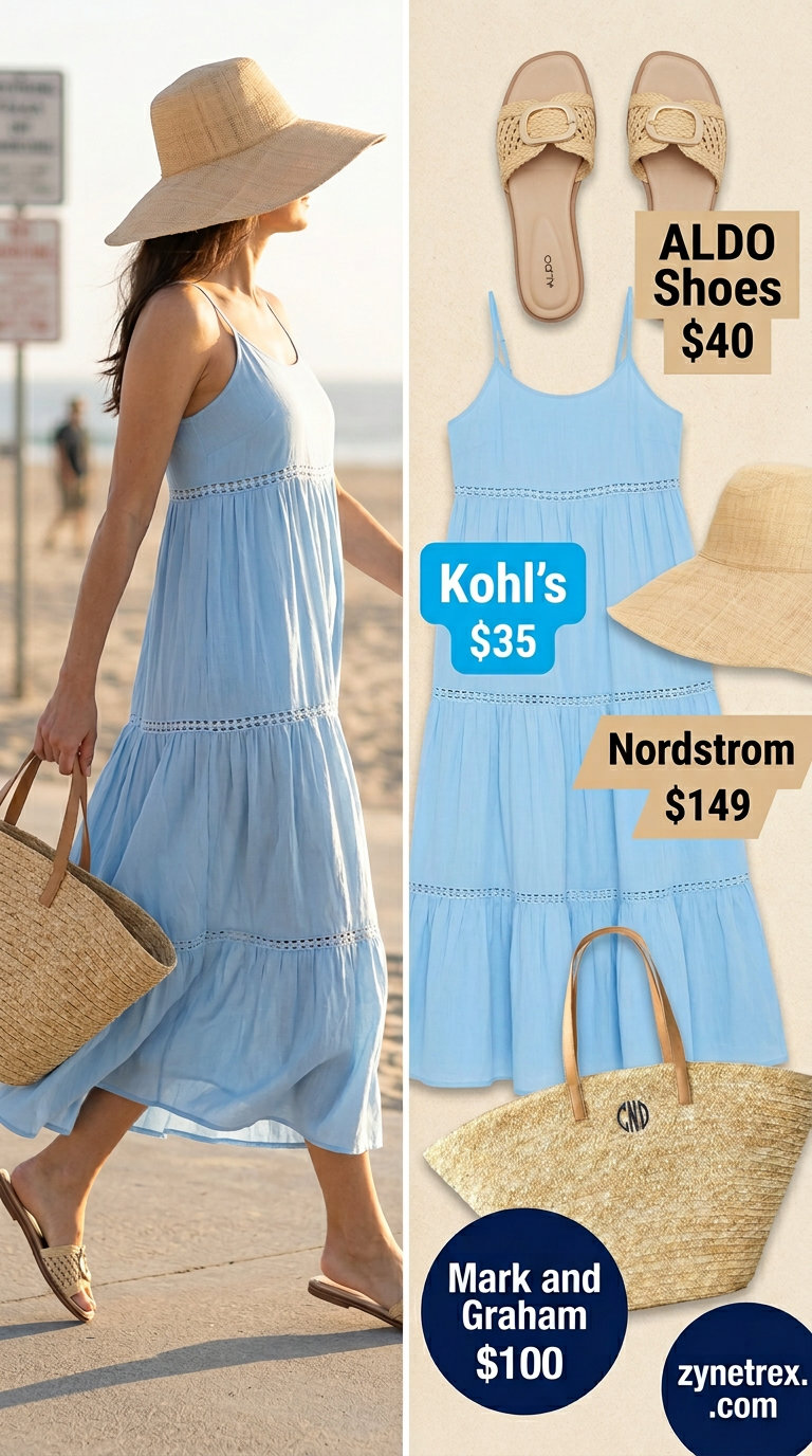 Ethereal sky blue tiered summer sundress 2026 maxi, ideal for beach days with woven sandals and a sun hat.