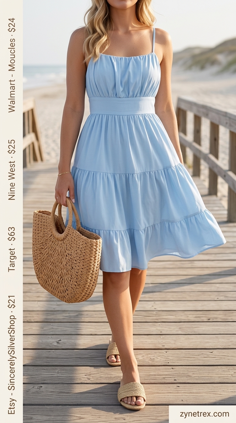 Relaxed sky blue tiered summer sundress 2026 midi, perfect for beach days with slide sandals and a straw tote.