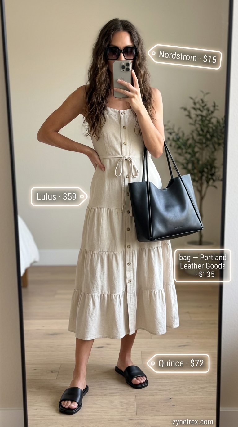 Effortless linen outfit with a beige tiered summer sundress 2026, black slides, and oversized sunglasses.