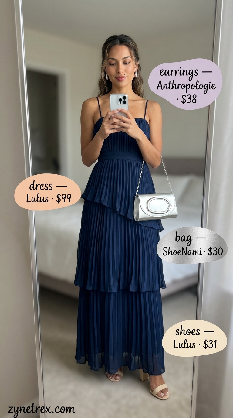 Elegant navy blue tiered summer sundress 2026 maxi, ideal for evening events and weddings with nude sandals.