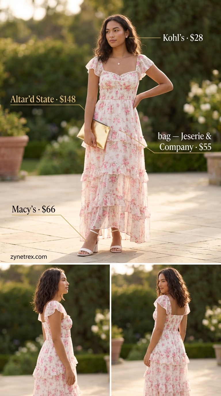 Elegant blush pink floral tiered summer sundress 2026 for garden parties, styled with block heels and gold clutch.