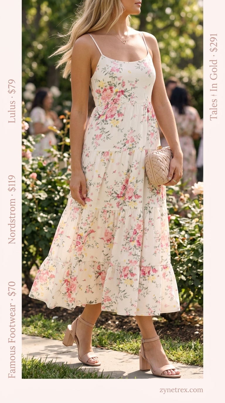Garden party outfit featuring a cream floral tiered summer sundress 2026, nude block heels, and a woven clutch.