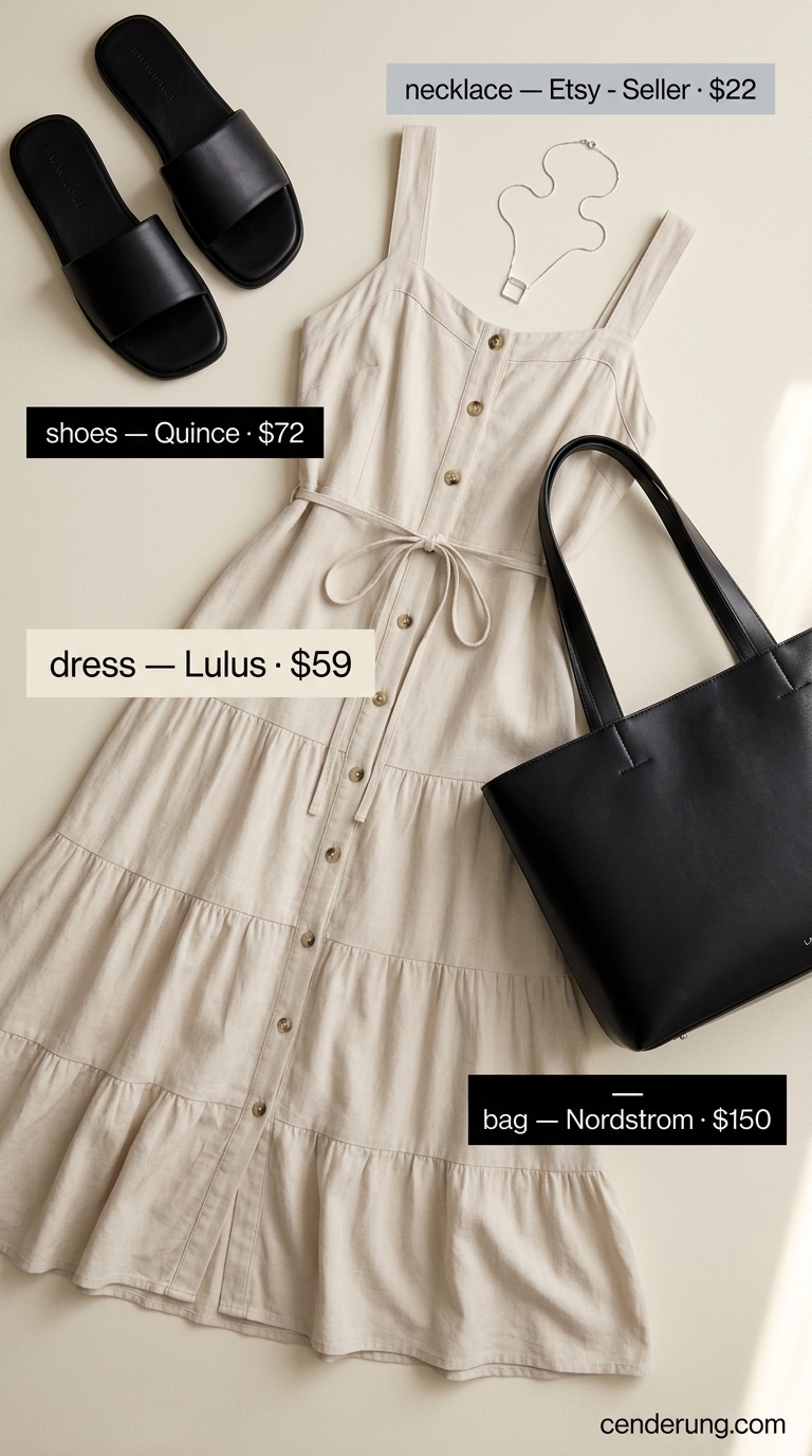 Stone beige minimalist tiered summer sundress 2026, paired with black tote and slides for office casual or gallery visits.