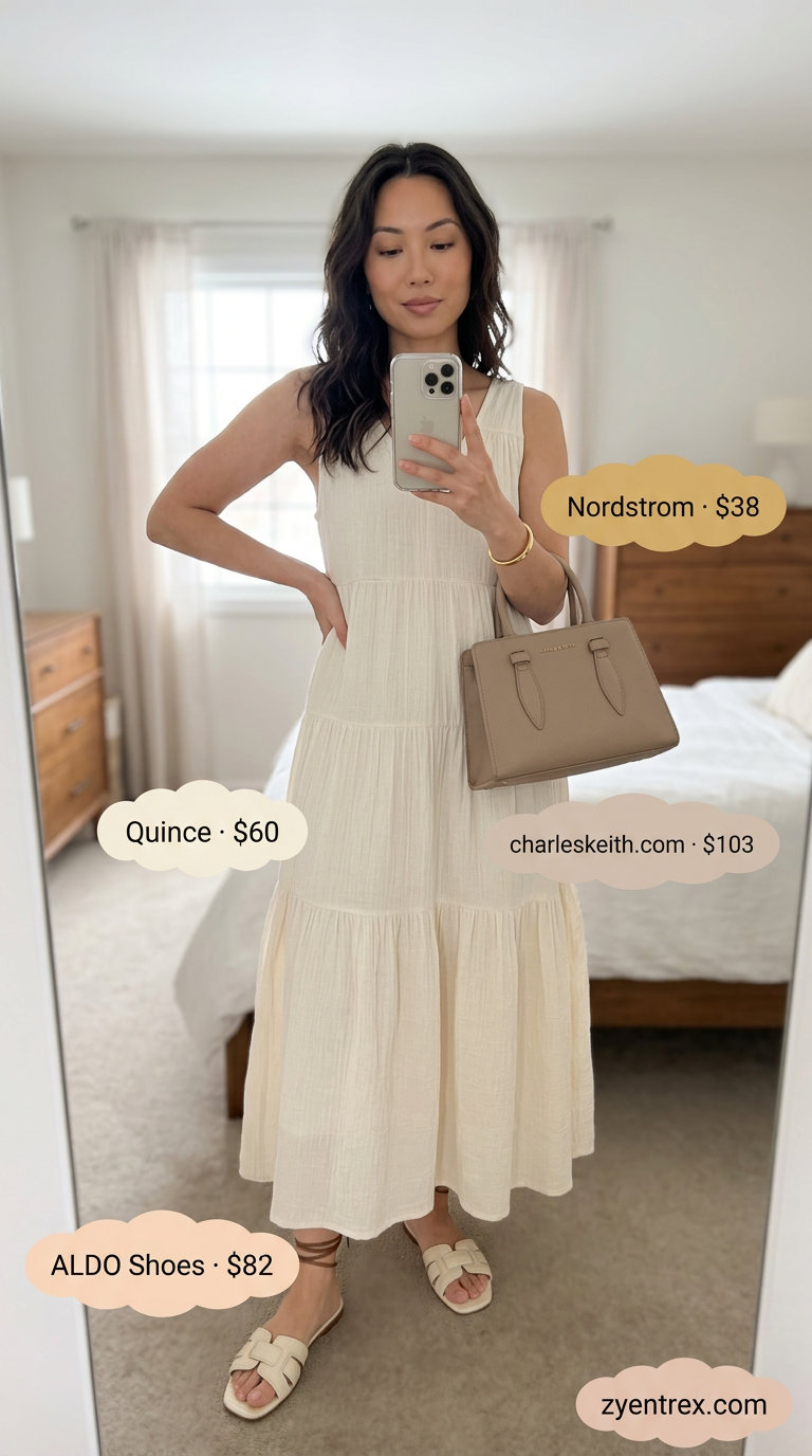 Monochrome ivory linen tiered summer sundress 2026, paired with sleek leather slides and minimalist gold jewelry.